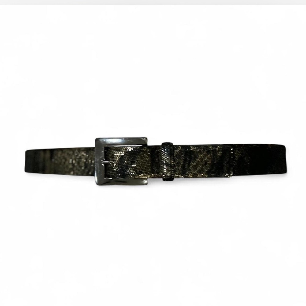 Vintage Genuine Leather Belt Greenish Gold Black Metallic Snake Embossed Size M